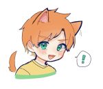  ! ... 1boy animal_ears blush cat_boy cat_tail claus_(mother_3) commentary_request extra_ears fang looking_at_viewer male_focus mother_(game) mother_3 norakinura open_mouth orange_hair shirt simple_background solo spoken_ellipsis striped_clothes striped_shirt tail upper_body white_background 