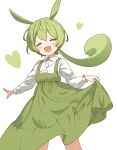  1girl :d absurdres animal_ears blush closed_eyes collared_shirt cowboy_shot dot_nose dress facing_viewer floating_hair green_dress green_hair hand_up heart highres legs_apart long_dress long_hair long_sleeves low-tied_long_hair open_mouth pinafore_dress rabbit_ears rabbit_girl shirt sidelocks simple_background skirt_hold sleeveless sleeveless_dress smile solo voicevox white_background white_shirt zundamon zunmut 