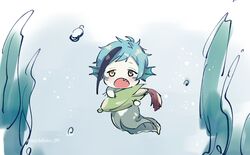  1boy aged_down air_bubble blue_hair brown_eyes bubble eel_boy fins floyd_leech full_body grey_background head_fins heterochromia highres holding looking_at_viewer male_focus michihito monster_boy seaweed sharp_teeth short_hair solo teeth toddler twisted_wonderland underwater yellow_eyes 