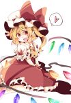  1girl absurdres ascot blonde_hair blush bow commentary crystal dress flandre_scarlet hat hat_bow heart highres looking_at_viewer medium_hair mob_cap one_side_up open_mouth pointy_ears red_bow red_dress red_eyes simple_background solo spoken_heart symbol-only_commentary touhou tsumurikoto white_background white_hat wings wrist_cuffs yellow_ascot 