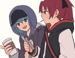  2girls baseball_cap black_hat black_hoodie blue_eyes blue_hair coffee_cup commentary_request cup disposable_cup earphones food food_in_mouth grey_hoodie hat holding holding_cup holding_phone hood hood_up hoodie long_hair mahou_shoujo_madoka_magica mahou_shoujo_madoka_magica_(anime) miki_sayaka multiple_girls nisroch111 open_mouth phone pocky pocky_in_mouth ponytail red_eyes redhead sakura_kyoko shared_earphones short_hair shoulder_strap simple_background smile upper_body white_background 