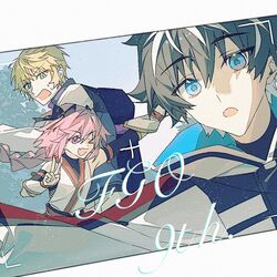  3boys :d :o anniversary armband astolfo_(exhibition_attire)_(fate) astolfo_(fate) black_bow black_hair blonde_hair blue_eyes bow braid charlemagne_(fate) cousins fang fate/grand_order fate_(series) hair_bow hair_intakes idass_(idass16) jacket japanese_clothes kimono long_hair looking_at_viewer male_focus multicolored_hair multiple_boys official_alternate_costume one_eye_closed open_mouth pink_hair roland_(fate) short_hair skin_fang sleeveless sleeveless_kimono smile streaked_hair sword v violet_eyes weapon white_hair white_jacket 