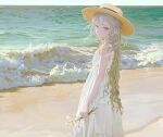  1girl beach blonde_hair daisy fkey flower hat highres holding holding_flower long_hair looking_at_viewer ocean original outdoors red_eyes sand solo straw_hat waves wavy_hair 