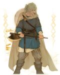  1girl 5altybitter5 armor axe blonde_hair blue_shirt boots cape chainmail closed_mouth fighting_stance grey_cape grey_pants holding holding_axe holding_weapon original pants ponytail shield shield_on_back shirt solo viking weapon 