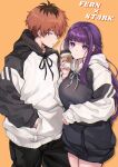  1boy 1girl absurdres alternate_costume black_hoodie character_name commentary_request contemporary cowboy_shot cup disposable_cup fern_(sousou_no_frieren) hand_in_pocket highres holding holding_cup hood hood_down hoodie looking_at_viewer orange_background purple_hair red_eyes redhead shashaki sousou_no_frieren stark_(sousou_no_frieren) thighs violet_eyes white_hoodie 