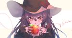 1girl absurdres alternate_costume bare_shoulders black_hat black_nails bow bright_pupils brown_hair brown_shirt dated eyeliner floating_hair flower-shaped_pupils food frilled_sleeves frills fruit genshin_impact hair_flaps hat hat_bow heart heart_of_string highres holding holding_food holding_fruit hu_tao_(genshin_impact) jewelry light_blush long_hair looking_at_viewer makeup multiple_rings off-shoulder_shirt off_shoulder open_mouth orange_eyes qixia red_bow red_eyeliner ring shirt sidelocks simple_background string string_of_fate symbol-shaped_pupils tsurime twintails upper_body white_background white_pupils witch_hat 