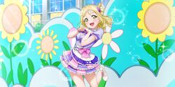 1girl absurdres blonde_hair bowtie dress_shirt frilled_skirt frills game_cg hair_ornament hair_scrunchie highres kimi_no_kokoro_wa_kagayaiteru_kai? layered_skirt love_live! love_live!_school_idol_festival_all_stars love_live!_sunshine!! miniskirt multicolored_clothes multicolored_skirt official_art ohara_mari open_mouth outdoors pink_bow pink_skirt purple_bow purple_bowtie purple_jacket purple_scrunchie purple_skirt scrunchie short_sleeves skirt smile solo sparkle star_(symbol) star_hair_ornament sunlight uniform white_footwear white_shirt wing_collar wrist_scrunchie yellow_eyes