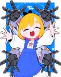  1girl :d apron asymmetrical_bangs black_bow blonde_hair blue_apron blue_background blush border bow child closed_eyes dress extra_arms frills hair_bow highres iwako_(eiken3kyuboy) mechanical_arms original outside_border outstretched_arms palms puffy_sleeves reaching reaching_towards_viewer round_teeth short_eyebrows smile solo teeth twitter_username white_border white_dress 