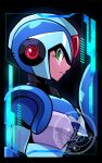  1boy android arm_cannon arm_up armor artist_logo blue_armor blue_helmet forehead_jewel from_side green_eyes helmet looking_at_viewer male_focus mega_man_(series) mega_man_x_(series) profile shoulder_armor solo upper_body weapon x_(mega_man) x_buster yanfiregreen 