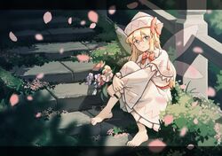  1girl absurdres barefoot blonde_hair blue_eyes bow bowtie bush capelet cherry_blossoms closed_mouth commentary_request day fairy fairy_wings falling_petals flower frilled_capelet frilled_skirt frills hat hat_bow highres holding holding_flower lily_white long_hair long_skirt long_sleeves looking_at_viewer lyutikovski outdoors petals red_bow red_bowtie red_sash sash shirt sitting sitting_on_stairs skirt stairs textless_version toes touhou very_long_hair white_capelet white_hat white_shirt white_skirt wide_sleeves wings 