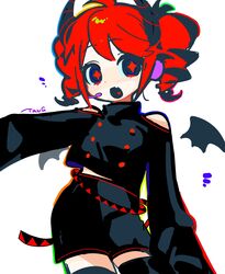  1girl adapted_costume bat_wings black_shirt black_shorts black_thighhighs buttons clothing_cutout detached_wings double-breasted drill_hair headset highres horns kasane_teto long_sleeves looking_at_viewer open_mouth red_eyes red_trim redhead shirt shorts shoulder_cutout signature solo tanglaoban1225 thigh-highs twin_drills utau white_background wings 