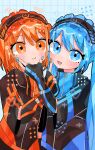  2girls a.i._voice absurdres adachi_rei alternate_costume black_gloves black_jacket blue_eyes blue_hair blue_nails blue_trim blush closed_mouth fingerless_gloves frilled_hairband frills gloves grid_background hairband hand_on_another&#039;s_chin hand_up hatsune_miku heart highres jacket kawano_rikopin long_hair looking_at_viewer matching_outfits medium_hair multiple_girls nail_polish open_mouth orange_eyes orange_hair orange_nails orange_trim short-sleeved_jacket short_sleeves smile sparkle twintails upper_body utau vocaloid zipper zipper_pull_tab 