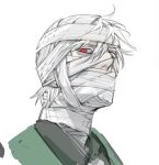  1boy bandage_on_face bandaged_head bandages commentary_request devil_may_cry_(series) formal gilver green_suit highres jiaqizh92181163 red_eyes simple_background solo suit vergil_(devil_may_cry) white_hair 