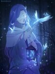  1girl absurdres artist_name blue_light blue_theme branch bug butterfly capelet dark demon_girl fireflies forest glowing_butterfly glowing_insect hand_up highres holding holding_lantern horns kantakerro lantern light_smile lips long_hair long_sleeves mask musica_(yakusoku_no_neverland) nature neck_ribbon night nose oil_lamp outdoors parted_bangs parted_lips purple_hair purple_ribbon purple_robe ribbon robe sidelighting small_horns solo white_capelet wide_sleeves yakusoku_no_neverland 