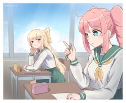  2girls :3 blonde_hair blue_eyes bow desk drill_hair from_side hair_bow hanabishi_haruka linhcoris looking_at_another mahou_shoujo_ni_akogarete multiple_girls pink_hair school_desk school_uniform sidelocks tenkawa_kaoruko yellow_bow yuri 