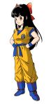  1girl black_hair blue_footwear blue_wristband bow breasts character_request collarbone commentary_request cosplay dougi dragon_ball hair_bow hands_on_own_hips highres lee_(dragon_garou) long_hair looking_at_viewer simple_background small_breasts solo son_goku son_goku_(cosplay) white_background wristband 