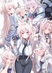  ! !! 1girl akira_(blue_archive) animal_ear_fluff animal_ears blue_archive blush closed_mouth deriolet doodle_sensei_(blue_archive) fang halo highres long_hair necktie open_mouth sensei_(blue_archive) shirt skin_fang sweatdrop v very_long_hair white_background white_shirt 