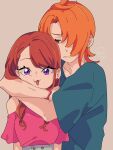  1boy 1girl aged_up blue_shirt hair_over_one_eye height_difference highres hijiri_ageha hirogaru_sky!_precure hug looking_at_viewer off_shoulder orange_hair pink_shirt precure puffy_short_sleeves puffy_sleeves redhead shirt short_sleeves swept_bangs tricotroom upper_body violet_eyes yuunagi_tsubasa 