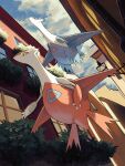 building claws clouds commentary_request day from_below highres kuchiba_(jret2454) latias latios no_humans outdoors pokemon pokemon_(creature) sky window yellow_eyes 