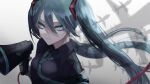  1girl aircraft airplane aqua_eyes aqua_hair aqua_necktie aqua_trim black_shirt blue_eyes blurry closed_mouth collared_shirt commentary_request determined floating_hair hair_between_eyes hand_up hatsune_miku highres holding holding_megaphone koi_wa_sensou_(vocaloid) long_hair looking_at_viewer megaphone necktie orihara_(ewkkyorhr) serious shadow shirt solo twintails upper_body very_long_hair vocaloid 