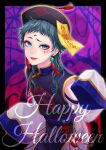  1other androgynous blue_eyes english_text facepaint gnosia green_hair halloween halloween_costume happy_halloween highres jiangshi long_sleeves looking_at_viewer makeup other_focus raqio solo upper_body yuyht1758 