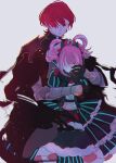  1boy 1girl blue_dress blunt_bangs byleth_(fire_emblem) byleth_(male)_(fire_emblem) covering_face dark_persona dress fire_emblem fire_emblem:_three_houses fire_emblem_engage hair_rings hands_on_own_face highres hortensia_(fire_emblem) hug hug_from_behind juliet_sleeves long_sleeves multicolored_hair pink_hair puffy_sleeves red_eyes redhead sasaki_(dkenpisss) short_hair striped_clothes striped_dress two-tone_hair white_background 