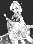  1girl botan_(yu_yu_hakusho) broom broom_riding city floating food full_body greyscale holding holding_food holding_ice_cream ice_cream japanese_clothes kajino_(aosansai) kimono long_hair looking_at_viewer monochrome ponytail solo tongue tongue_out yu_yu_hakusho 