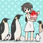  1girl animal barefoot bird black_eyes brown_hair dress food food_on_face full_body highres holding holding_food holding_spoon long_hair looking_to_the_side low_twintails open_mouth original penguin penguin_chick shaved_ice sleeveless sleeveless_dress solo spoon takurada twintails 