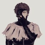  1boy aizen_sousuke black_gloves black_jacket bleach bleach:_sennen_kessen-hen brown_eyes brown_hair capelet commentary covered_mouth english_commentary eyepatch gloves grey_background hand_on_own_face hand_up highres jacket kas0n3ri looking_at_viewer male_focus one_eye_covered short_hair simple_background solo straight-on torn_capelet torn_clothes tsurime twitter_username upper_body white_capelet 