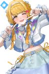  1girl ;d absurdres blonde_hair blush braid center_frills crop_top cropped_jacket detached_collar fang fingers_to_cheeks frilled_wristband frills fujita_kotone gakuen_idolmaster heart highres idol_clothes idolmaster long_hair looking_at_viewer midriff one_eye_closed pdal_(pdalhhh) short_sleeves simple_background skin_fang smile solo thumbs_up_emoji twin_braids white_background yellow_eyes 