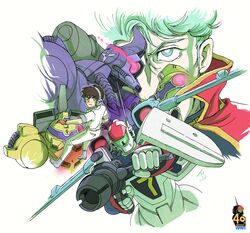  2boys absurdres aqua_hair arm_shield assault_visor black_hair black_jacket blue_eyes boots cape duraphe eye_trail gibul ginga_hyouryuu_vifam grey_footwear gun hair_behind_ear headphones highres holding holding_gun holding_weapon jacket jumpsuit kujira_gunsou light_trail looking_at_viewer mecha multiple_boys one-eyed radio_antenna red_cape robot roddy_shuffle science_fiction short_hair sid_mueller vifam weapon white_jumpsuit 