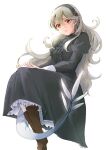  1girl alternate_costume black_dress black_hairband blush boots brown_footwear center_frills closed_mouth commentary_request corrin_(female)_(fire_emblem) corrin_(fire_emblem) dragon_girl dragon_tail dress fire_emblem fire_emblem_fates frills grey_hair hair_between_eyes hairband juliet_sleeves long_hair long_sleeves looking_at_viewer pointy_ears puffy_sleeves red_eyes robaco simple_background solo sweatdrop tail wavy_hair white_background 