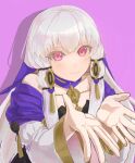  1girl bare_shoulders blush closed_mouth collarbone commentary_request detached_collar dress fire_emblem fire_emblem:_three_houses gold_trim highres iipzeyjhms0dohl long_hair looking_at_viewer lysithea_von_ordelia pink_background pink_eyes purple_dress reaching reaching_towards_viewer shadow simple_background smile solo veil very_long_hair white_hair white_sleeves 
