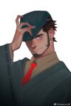  1boy baseball_bat black_hair blue_eyes bright_pupils earrings evil_smile hat_over_one_eye highres jewelry long_sideburns male_focus necktie original portrait powerlesssong sanpaku short_hair sideburns smile thick_eyebrows wide_sleeves 