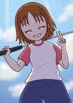  1girl amame_(miu) brown_hair day golf golf_club grin holding holding_golf_club looking_at_viewer ooi!_tonbo ooi_tonbo pov shirt short_hair short_sleeves sky smile solo t-shirt teeth tomboy v 