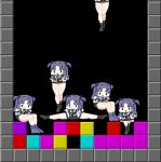  1girl bad_proportions black_background blue_archive chibi jacket jacket_partially_removed purple_hair sechi_(sechihyeo) sitting spread_legs tetris thick_thighs thighs triangle_hair_ornament two-sided_fabric two-sided_jacket two_side_up video_game what yuuka_(blue_archive) 