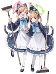  2girls animal_ear_headphones animal_ears apron black_dress black_footwear blonde_hair blue_archive blush cat_tail dress eretto fake_animal_ears frilled_dress frills full_body green_eyes green_halo halo headphones highres holding long_sleeves maid maid_apron maid_headdress midori_(blue_archive) midori_(maid)_(blue_archive) momoi_(blue_archive) momoi_(maid)_(blue_archive) multiple_girls official_alternate_costume one_eye_closed open_mouth pantyhose parted_lips pink_halo puffy_long_sleeves puffy_sleeves red_eyes shoes short_hair siblings simple_background sisters smile tail twins white_apron white_background white_pantyhose 