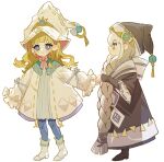  asteria_of_the_white_woods blonde_hair blue_eyes blue_pantyhose braid brown_coat brown_footwear brown_hat coat diabellstar_the_black_witch diabellze_the_original_sinkeeper dress duel_monster full_body grey_eyes grey_hair hat holding_hands hood hooded_coat long_hair medium_hair pantyhose risette_of_the_white_woods simple_background smile twin_braids very_long_hair wen_zhi_(717256) white_background white_dress white_footwear white_hat witch witch_hat yu-gi-oh! 