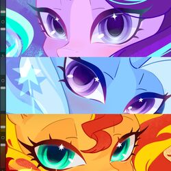 animal_focus aqua_eyes art_program_in_frame blush chinese_commentary close-up commentary_request cosdiesindie2 eye_focus eyelashes highres horns looking_at_viewer my_little_pony my_little_pony:_equestria_girls my_little_pony:_friendship_is_magic no_humans pony_(animal) single_horn sparkle sparkling_eyes starlight_glimmer sunset_shimmer sunset_shimmer_(unicorn) trixie_lulamoon unicorn violet_eyes 