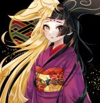  1girl amazakura bemani black_eyes black_hair blonde_hair blunt_bangs blunt_ends heterochromia highres horns japanese_clothes kimono long_hair looking_at_viewer multicolored_hair obi open_mouth sash slit_pupils solo split-color_hair vajra_(reflec_beat) very_long_hair yellow_eyes 