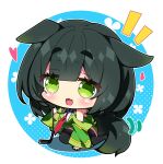  1girl :d animal_ears bare_shoulders black_collar black_hair black_thighhighs blue_background breasts chibi collar commentary_request detached_sleeves fang full_body green_eyes green_jacket green_sleeves heart highres jacket kyoumachi_seika large_breasts long_sleeves looking_at_viewer milkpanda necktie notice_lines polka_dot polka_dot_background red_necktie round_image shirt short_eyebrows sitting sleeveless sleeveless_jacket sleeveless_shirt smile solo tail thick_eyebrows thigh-highs two-tone_background voiceroid wariza white_background white_shirt wide_sleeves 