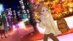  22/7 22/7_ongaku_no_jikan 2boys 3girls backpack bag bench blurry bow braid brown_bag brown_eyes brown_hair brown_thighhighs building christmas christmas_lights christmas_ornaments christmas_tree coat depth_of_field dutch_angle game_cg hair_bow hair_ribbon high_ponytail highres kono_miyako lens_flare looking_to_the_side multiple_boys multiple_girls night night_sky official_art on_bench outdoors parted_lips red_ribbon ribbon sitting sky skyscraper solo_focus sparkle thigh-highs watch watch white_coat wooden_bench 