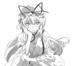  1girl bow closed_mouth commentary_request dress greyscale hair_bow hat hat_ribbon highres long_hair long_sleeves looking_at_viewer mob_cap monochrome nere_stella purple_nails ribbon simple_background smile solo spot_color tabard touhou violet_eyes white_background wide_sleeves yakumo_yukari 