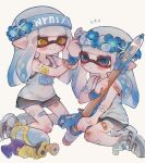  2girls 7om_x2 bandaid bandaid_on_arm bandaid_on_leg black_shorts blue_eyes blue_hair blue_headband blue_trim blue_wristband blush closed_mouth commentary dolphin_shorts full_body gradient_hair grey_footwear gun head_wreath headband highres holding holding_gun holding_weapon inkling inkling_girl inkling_player_character jersey kneeling long_hair multicolored_hair multiple_girls notice_lines pointy_ears print_headband print_shirt shirt shoes shorts simple_background sitting sleeveless sleeveless_shirt smile snipewriter_(splatoon) splatoon_(series) splatoon_3 splattershot_(splatoon) symbol-only_commentary tentacle_hair weapon white_background white_shirt yellow_eyes 