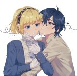 1boy 1girl aegis_(persona) android black_hairband blonde_hair blue_dress blue_eyes blue_hair blush cheek-to-cheek dress elulit2 gold_trim grey_sweater hairband heads_together heart highres locked_arms long_sleeves looking_at_another one_eye_closed persona persona_3 persona_3_reload robot_ears short_hair simple_background smile sweater turtleneck turtleneck_sweater white_background yuuki_makoto_(persona_3) 