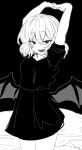  1girl absurdres bat_wings dress facing_viewer fangs highres looking_at_viewer mizuga monochrome open_mouth remilia_scarlet sharp_teeth short_hair short_sleeves slit_pupils solo stretching teeth touhou wings 
