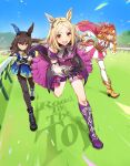  3girls :d admire_vega_(umamusume) animal_ears ankle_boots asymmetrical_footwear black_footwear black_gloves blonde_hair boots bow bowtie brown_hair cape copyright_name crown ear_covers gloves highres horse_ears horse_girl horse_racing_track horse_tail knee_boots long_hair long_sleeves low_ponytail mini_crown mismatched_footwear multiple_girls nanaheibei_3 narita_top_road_(umamusume) necktie orange_eyes orange_hair orange_tail parted_bangs pink_cape purple_footwear purple_shorts running short_hair shorts single_ear_cover smile t.m._opera_o_(umamusume) tail thigh-highs umamusume umamusume:_road_to_the_top violet_eyes white_bow white_bowtie white_footwear white_necktie white_thighhighs 