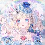  1girl animal_ears bare_shoulders bcy_username bead_necklace beads blonde_hair blue_bow blue_butterfly blue_dress blue_eyes blue_hat blue_sleeves blunt_bangs blush bow braid bug butterfly card chinese_commentary clock_hair_ornament clouds club_hair_ornament commentary_request cross-laced_clothes cross-laced_dress dated diamond_hair_ornament dress drill_hair eyelashes eyeshadow floral_background flower flower_in_eye frilled_dress frilled_hat frills hair_beads hair_bow hair_ornament hairclip hat hat_bow hat_ornament heart heart_hair_ornament heart_hands heart_in_eye heart_print holding holding_heart jewelry lace-trimmed_headwear lace_trim lipstick long_hair long_sleeves looking_at_viewer makeup mini_hat mini_top_hat mioda_xi multiple_hair_bows necklace off-shoulder_dress off_shoulder original parted_lips pink_eyeshadow pink_flower pink_lips playing_card puffy_long_sleeves puffy_sleeves rabbit_ears rainbow sample_watermark single_braid sleeve_bow smile solo spade_hair_ornament sparkle striped_bow stuffed_animal stuffed_cat stuffed_rabbit stuffed_toy symbol_in_eye top_hat upper_body watermark weibo_logo weibo_username white_bow white_headdress x_hair_ornament 