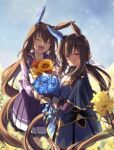  2girls admire_vega&#039;s_twin_sister_(umamusume) admire_vega_(umamusume) animal_ears blue_flower blue_skirt blue_sky blush bouquet bow breasts brown_hair closed_eyes ear_covers flower hair_between_eyes highres horse_ears horse_girl horse_tail long_hair long_sleeves looking_at_viewer low_ponytail multiple_girls open_mouth ponytail purple_shirt red_flower rose sailor_collar school_uniform shirt siblings single_ear_cover skirt sky smile starheart sunflower tail tracen_school_uniform umamusume violet_eyes yellow_flower 