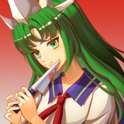  absurdres blood blood_on_knife blue_sailor_collar closed_mouth gradient_background green_eyes green_hair highly_responsive_to_prayers highres holding holding_knife knife long_hair mima_(touhou) neck_ribbon niceguangguang parted_bangs puffy_short_sleeves puffy_sleeves red_background red_ribbon ribbon sailor_collar school_uniform serafuku shirt short_sleeves touhou touhou_(pc-98) triangular_headpiece very_long_hair white_shirt 